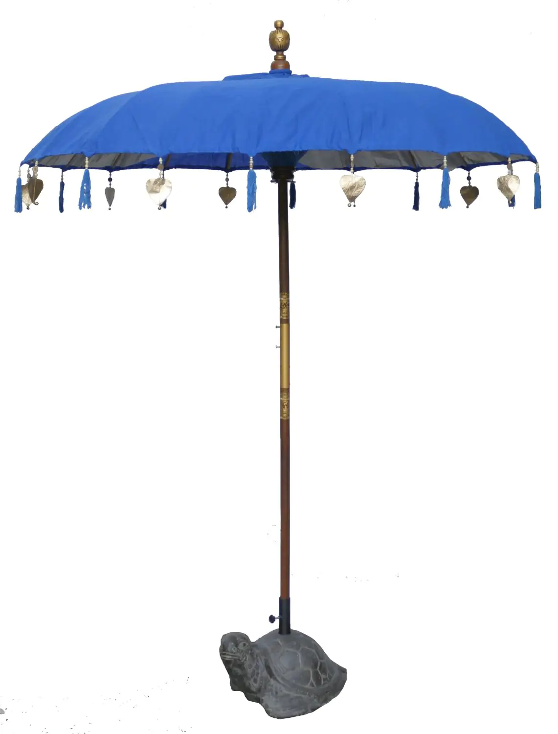  Product image 1 of the product “Bali umbrella, Turquoise with wooden coins and gold leaves hanging around the edge. Approx. 190cm dia. and 250cm height ”